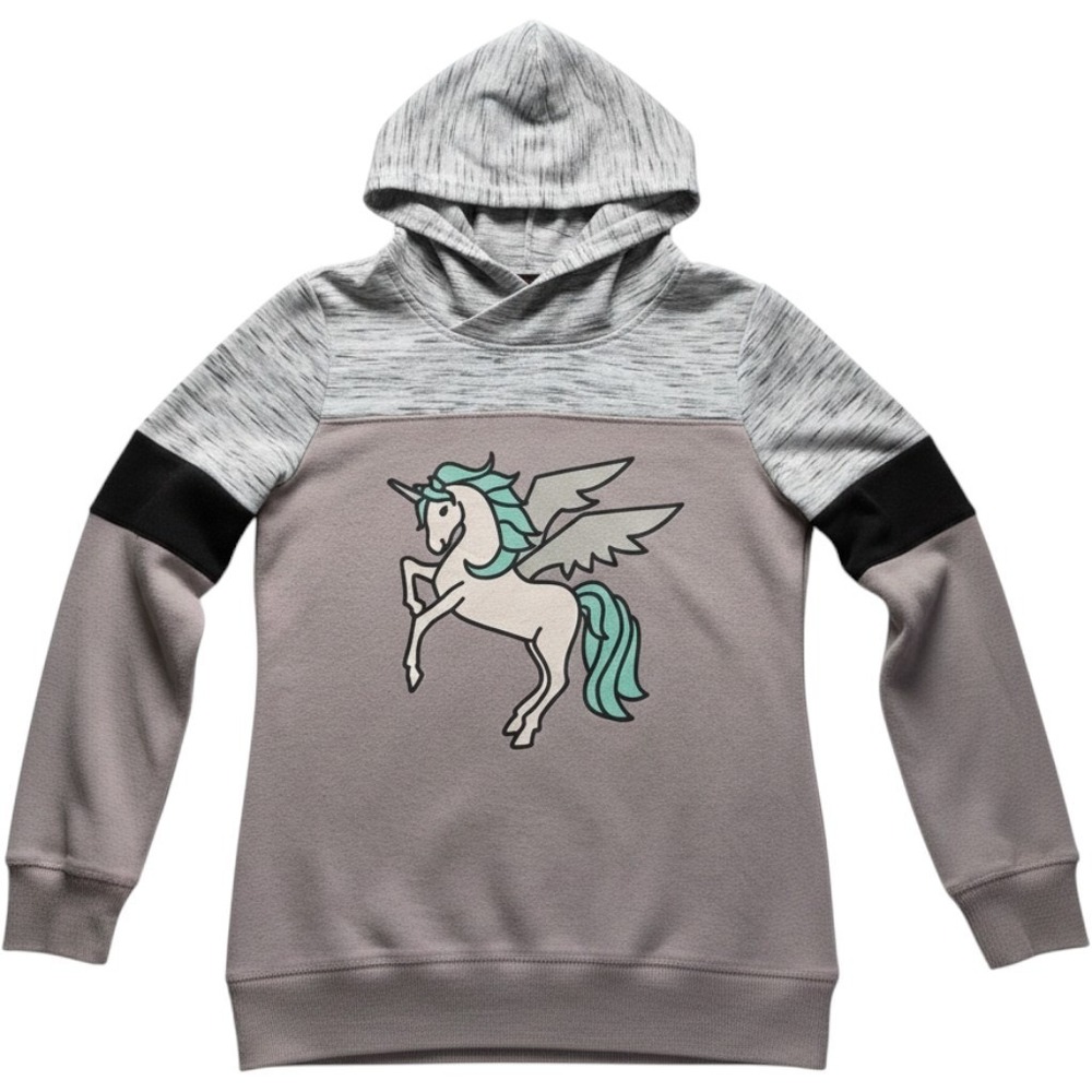 Miss Chievous Hoodie Kids Large Gray Mauve Unicorn Pegasus Colorblock Pullover